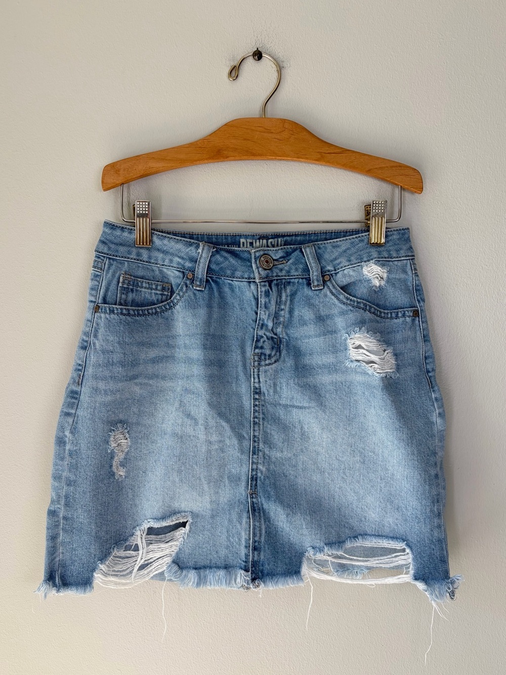 Rewash Light-Medium Wash Distressed Jean Skirt Stretch Denim Boho Festival